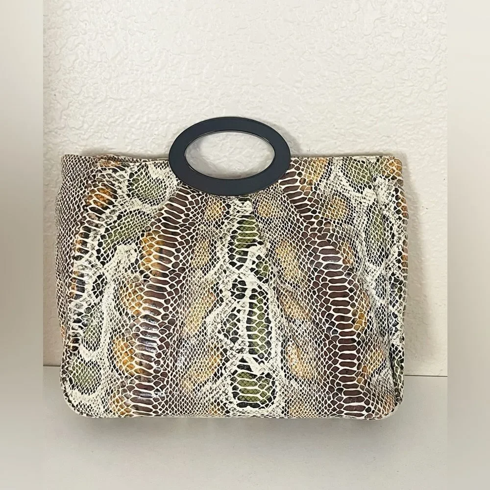 Vintage Sondra Roberts Brown and Black clutch purse with Exotic Snakeskin Print